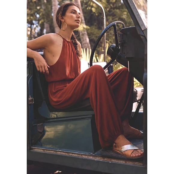Anthropologie Pants - Elevenses Anthropologie Halter Jumpsuit S Rust Crinkle Tassel Tie Waist Cuffed